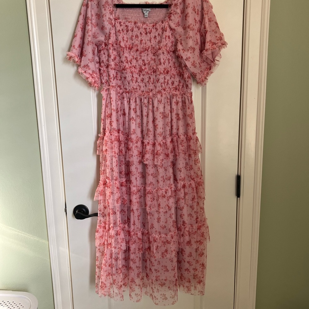 PinkBlush Floral Tiered Smocked Maternity Midi Dress